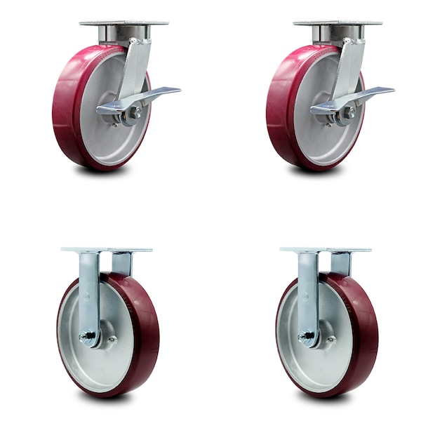 8 Inch Kingpinless Poly on Aluminum Wheel Caster Brakes 2 Rigid SCC, 2PK